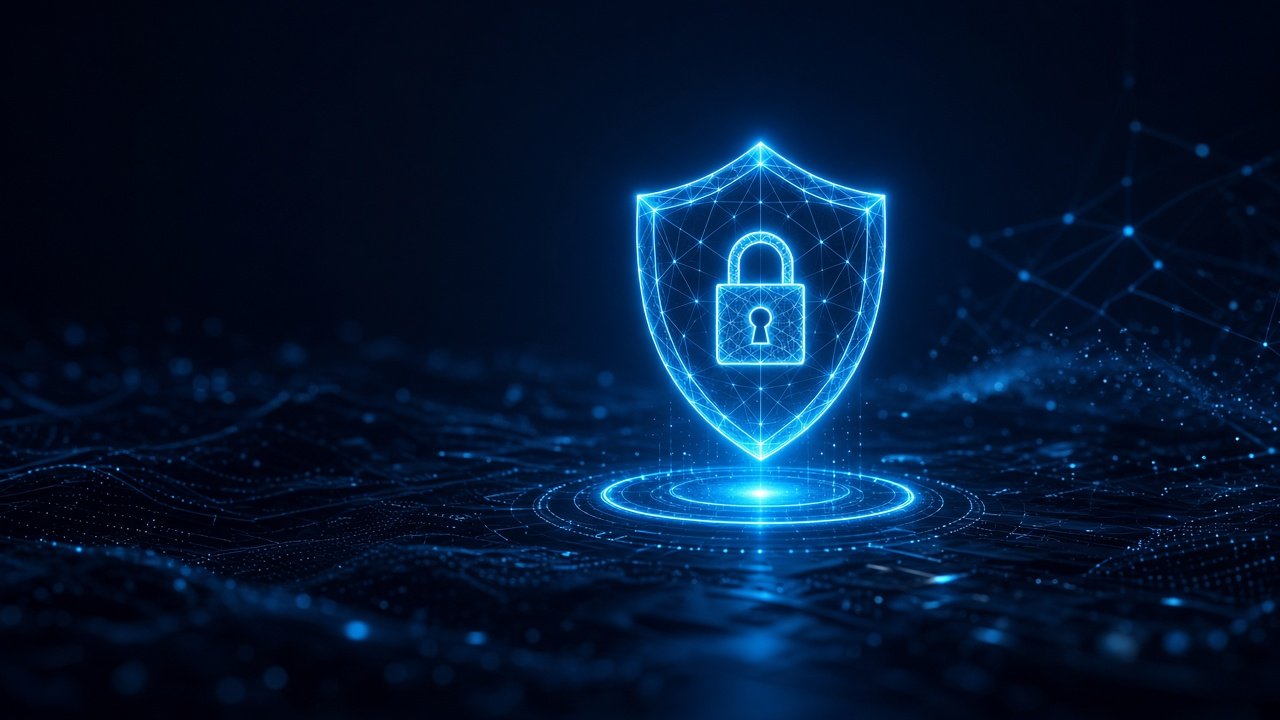 A locked digital interface glowing in blue light