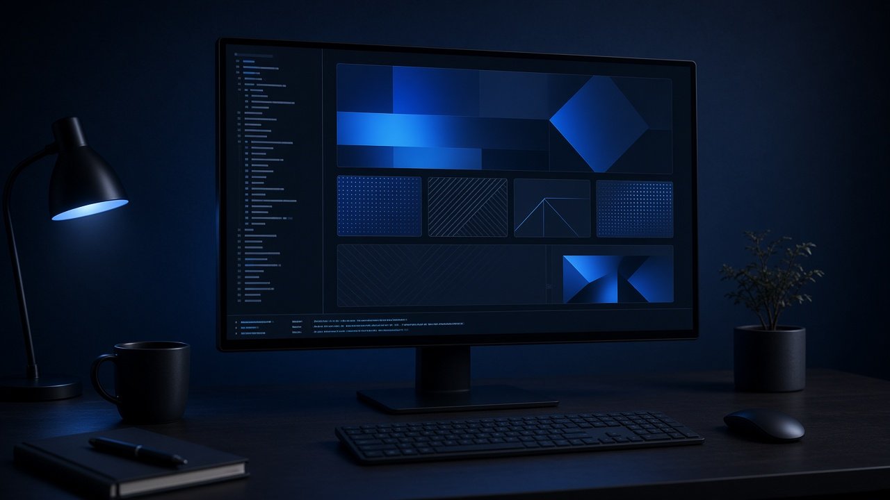 A monitor showing a website layout in a dark studio